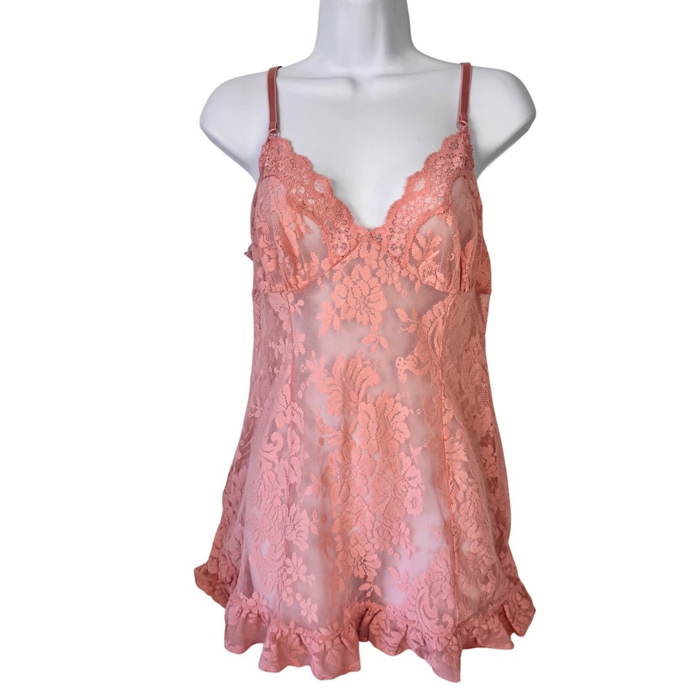 Victoria's Secret Lace Babydoll Women L Pink Sheer Ruffle Floral Chemise
